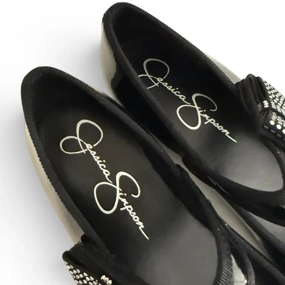 Jessica Simpson Big Girls Amy Black Patent Crystal Bow Ballet Flat, New! Size 5